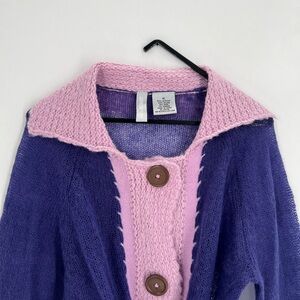 Vtg 90’s Mohair Wool Blend Sheer Waist Tie Collared Color Block Cardigan Sweater